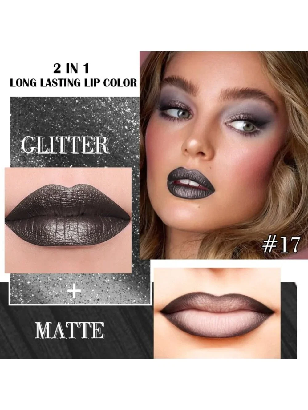 Women 17# Black Coal-Metallic 2-in-1 Metallic Long Lasting Lipstick & Lip Liner